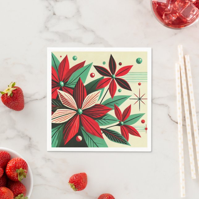 Retro Holiday Poinsettia Mid Century Découpage Napkins (Insitu)