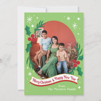 Retro Holly and Berry Photo Christmas Cards