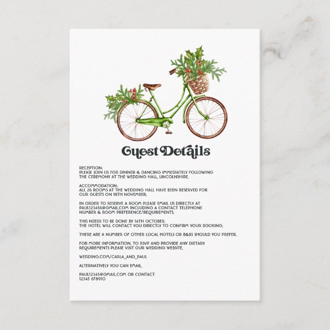 Retro Holly and Ivy Bicycle Wedding Guest Details Enclosure Card (Front)