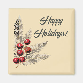 Retro Holly Berries and Evergreen Magnet