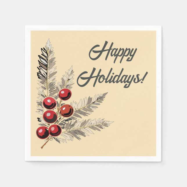 Retro Holly Berries and Evergreen  Napkins (Front)