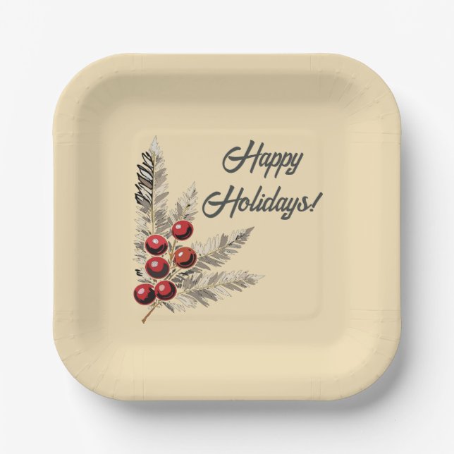 Retro Holly Berries and Evergreen Paper Plate (Front)