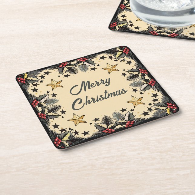 Retro Holly Berries and Evergreen Square Paper Coaster (Angled)