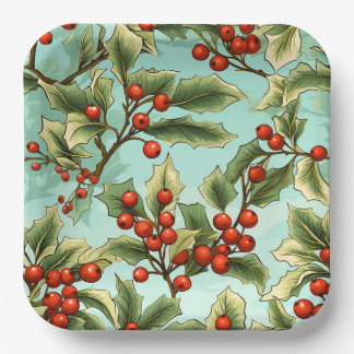 Retro Holly Christmas Large Paper Plates