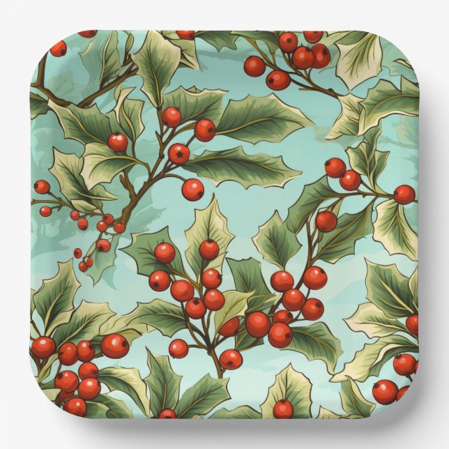 Retro Holly Christmas Large Paper Plates (Front)