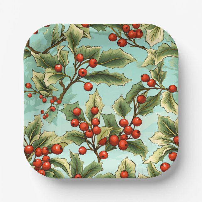 Retro Holly Christmas Small Paper Plates (Front)