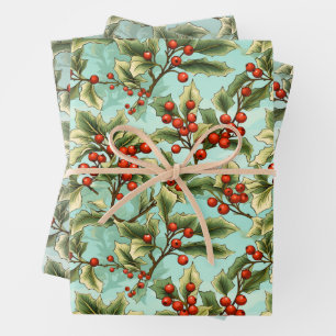 Retro Holly Christmas Wrapping Paper Sheets