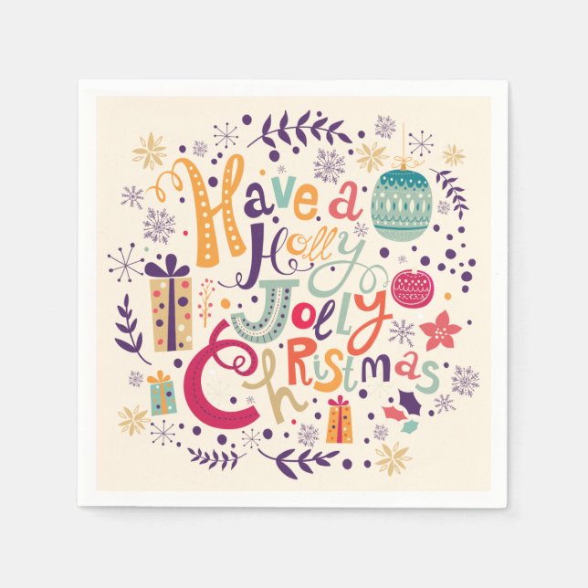Retro Holly Jolly Christmas Design Paper Napkins (Front)