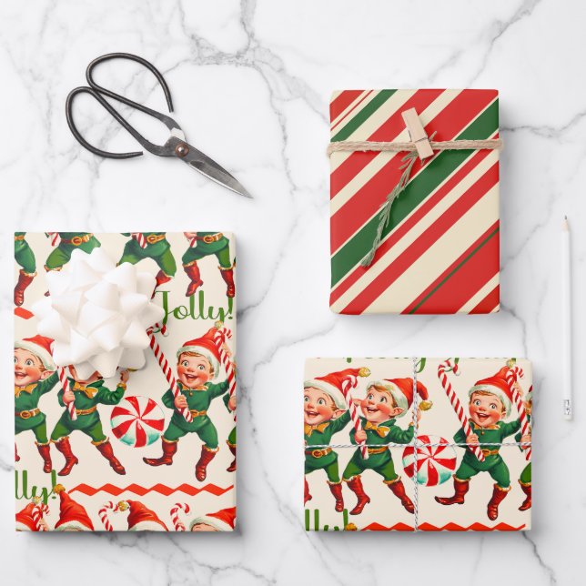  Retro Holly Jolly Christmas Elves  Wrapping Paper Sheets (Front)