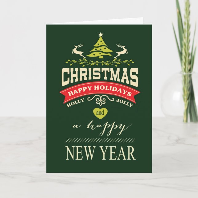 Retro Holly Jolly Christmas Typography | green Holiday Card (Front)