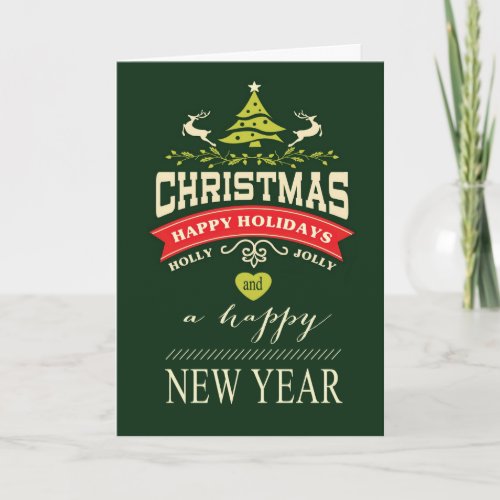 Retro Holly Jolly Christmas Typography  green Holiday Card