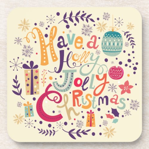 Retro Holly Jolly Christmas Wreath Beverage Coaster