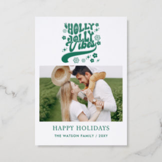 Retro Holly Jolly Vibes Christmas Holidays Photo Letterpress Photo Cards
