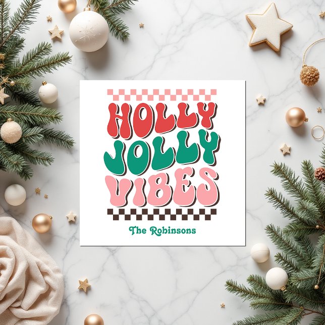 Retro Holly Jolly Vibes Custom Christmas Party Napkins (Retro Holly Jolly Vibes Custom Christmas Party Napkins)