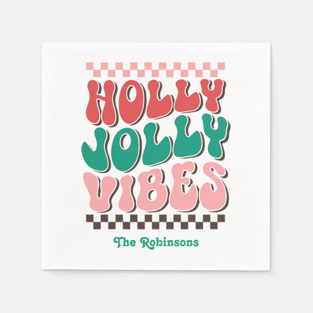 Retro Holly Jolly Vibes Custom Christmas Party Napkins (Front)