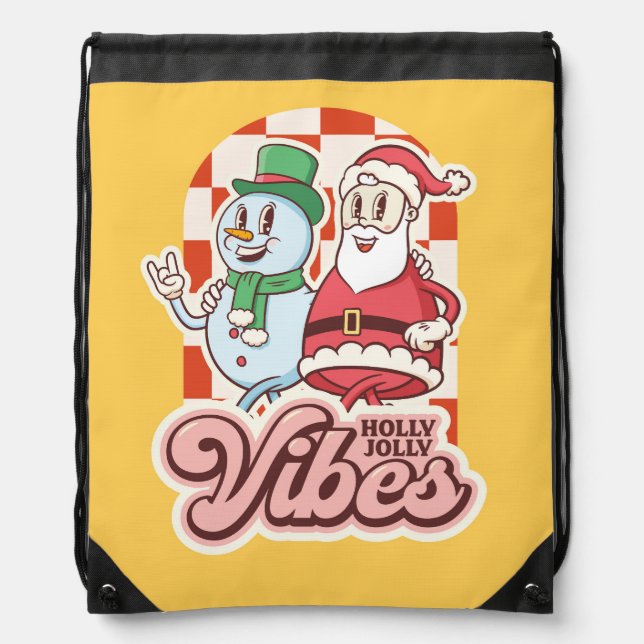 Retro Holly Jolly Vibes Drawstring Backpack (Front)