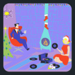 Retro Home for the Holidays Christmas Stickers<br><div class="desc">These Retro Home for the Holidays Stickers look like a scene out of a 1960's television Christmas special. The minimalist design features an attractive cartoon couple in the living room of a mid century modern house. The room prominently features a purple and blue stone wall and a matching purple and...</div>