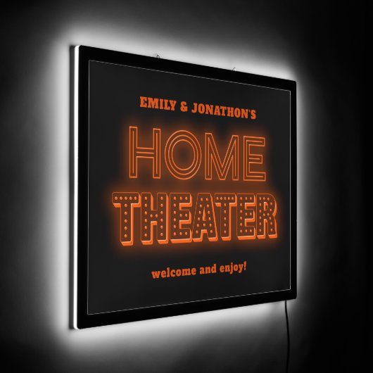 Retro Home Theater Custom Name Neon Effect Black LED Sign (Angle)