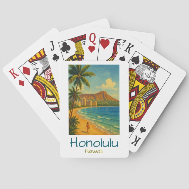 Retro Honolulu Hawaii Waikiki Beach Poker Cards (Back)