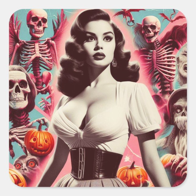 Retro Horror Girl Square Sticker (Front)