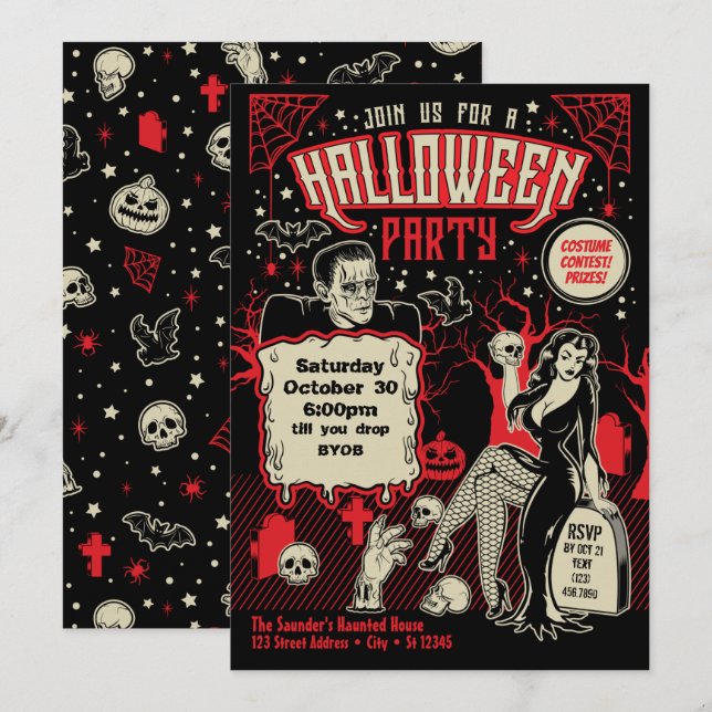 Retro Horror Pin Up Halloween Costume Party Invita Invitation (Front/Back)