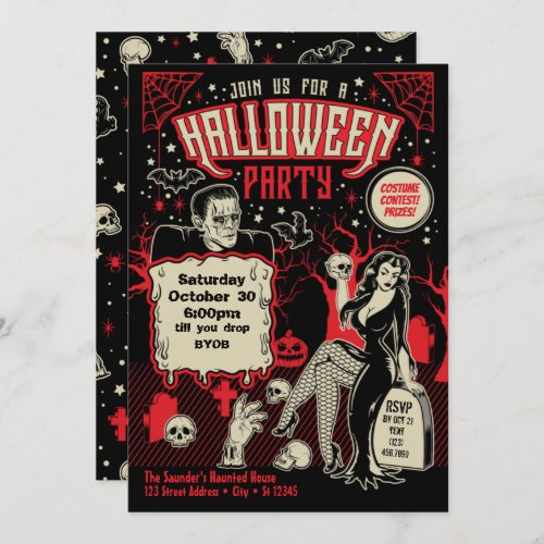 Retro Horror Pin Up Halloween Costume Party Invita Invitation