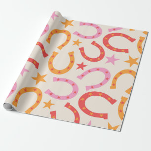 Retro Horseshoes pattern with stars in orange pink Wrapping Paper