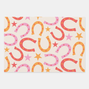 Retro Horseshoes pattern with stars in orange pink Wrapping Paper Sheets