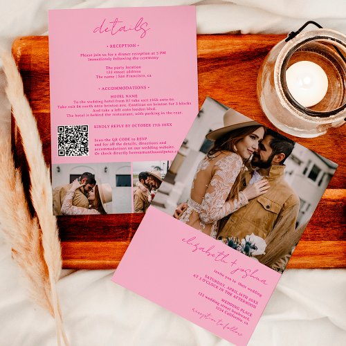 Retro hot pink 4 photo Qr all in one wedding Invitation