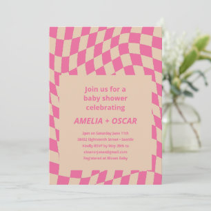 Retro Hot Pink Abstract Checkerboard Baby Shower Invitation