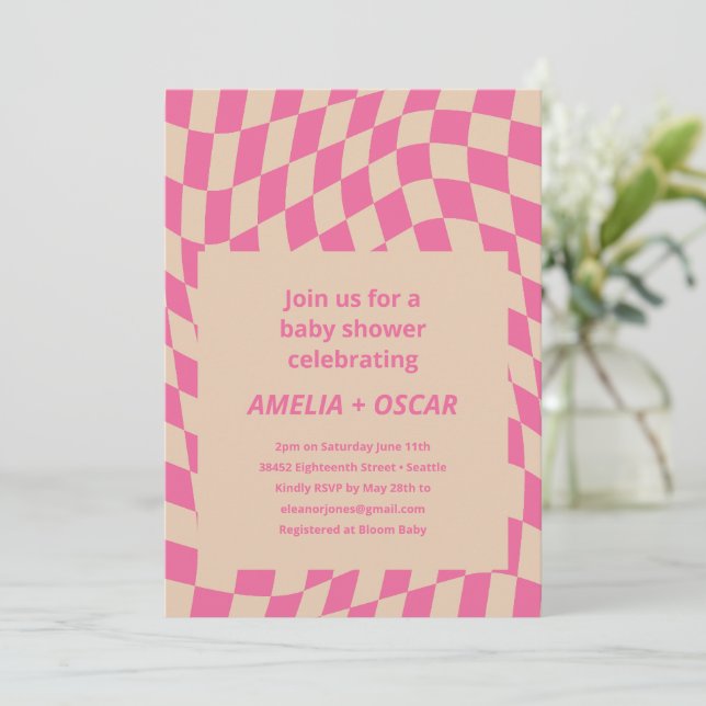 Retro Hot Pink Abstract Checkerboard Baby Shower Invitation (Standing Front)