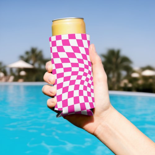 Retro Hot Pink Checked Warped Checkered  Seltzer Can Cooler