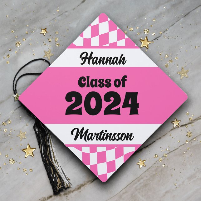 Retro Hot Pink Checkered Class of 2024 Graduation  Graduation Cap Topper (Pink and white checkered retro-style Class of 2024 custom graduation cap topper)