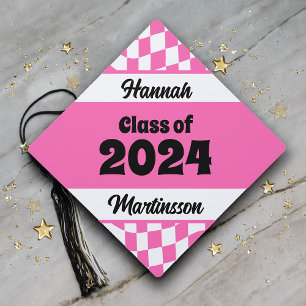 Retro Hot Pink Checkered Class of 2024 Graduation  Graduation Cap Topper