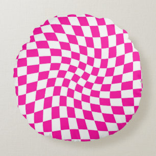 Retro Hot Pink Checks Warped Checkered Dorm Round Pillow