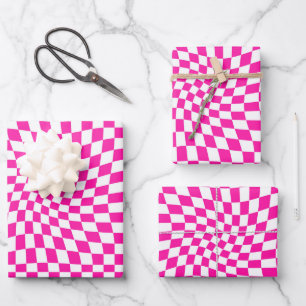 Retro Hot Pink Checks Warped Checkered Dorm Wrapping Paper Sheets
