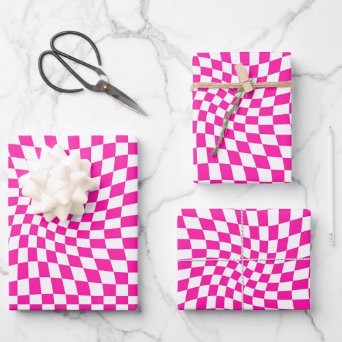 Retro Hot Pink Checks Warped Checkered Dorm   Wrapping Paper Sheets