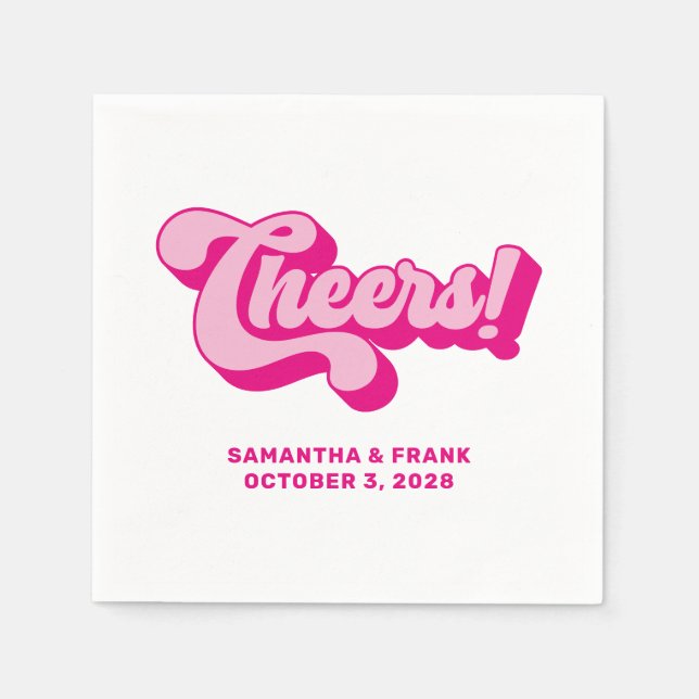 Retro Hot Pink Cheers Typography Wedding Napkins (Front)