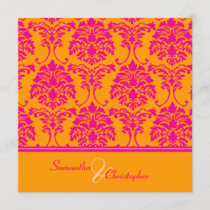 Retro hot pink damask wedding invitations