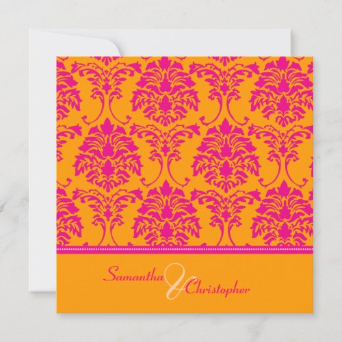 Retro hot pink damask wedding invitations