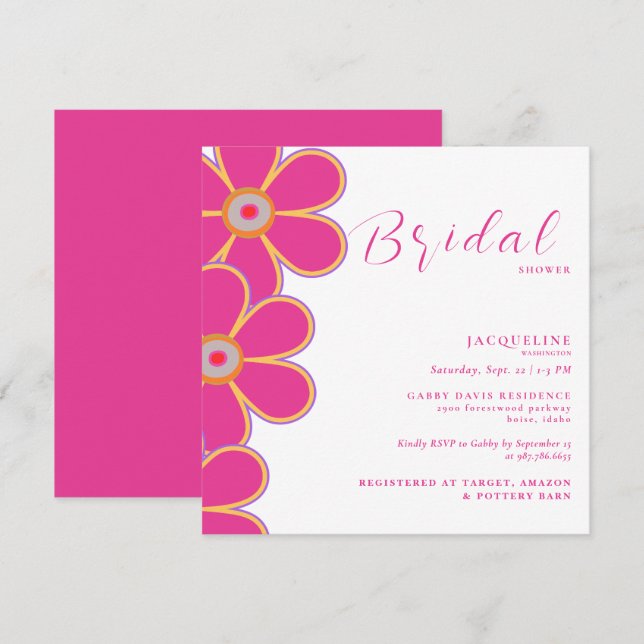 Retro Hot Pink Floral Square Bridal Shower  Invitation (Front/Back)