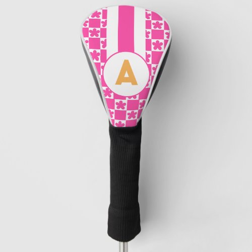 Retro Hot Pink Flower Monogram Golf Head Cover