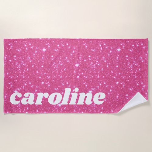 Retro Hot Pink Glitter Sparkle Personalized Name Beach Towel