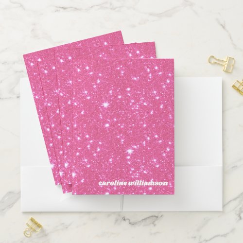 Retro Hot Pink Glitter Sparkle Personalized Name Pocket Folder