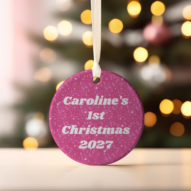 Retro Hot Pink Glitter Sparkle y2k Personalized Ceramic Ornament (Creator Uploaded)