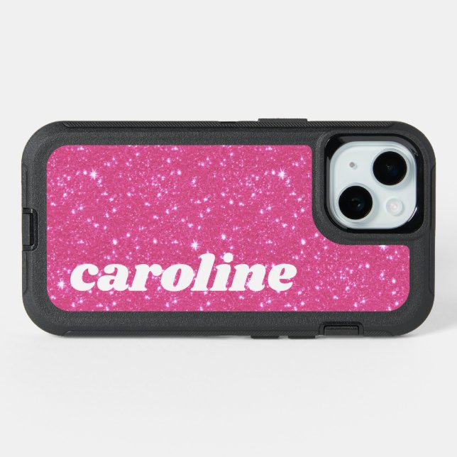 Retro Hot Pink Glitter Sparkle y2k Personalized iPhone 15 Case (Back Horizontal)