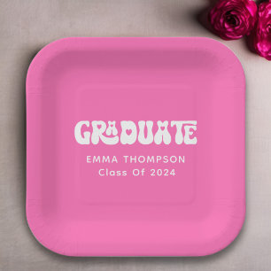 Retro Hot Pink Graduate Class Of 2024 Paper Plates