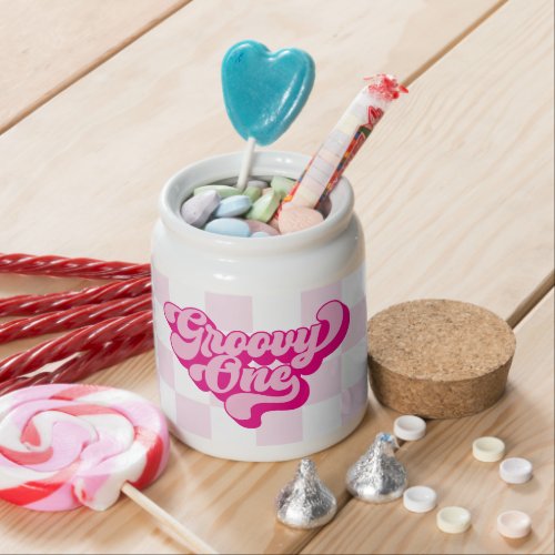 Retro Hot Pink Groovy One Checker Candy Jar