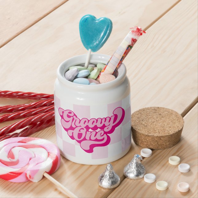 Retro Hot Pink Groovy One Checker Candy Jar (In Situ)