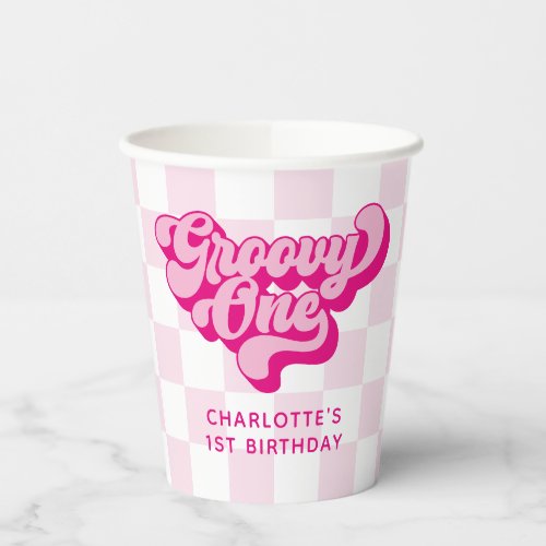 Retro Hot Pink Groovy One Checker Paper Cups
